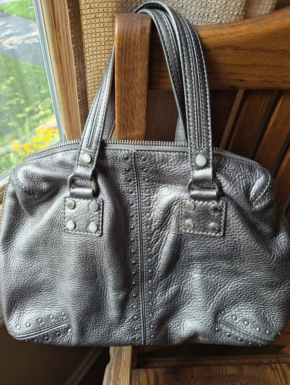 Michael Kors Ladies Pewter Astor Studded Satchel Handbag